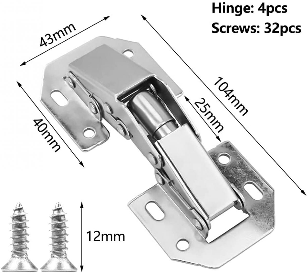 Mööblihing 104 X 43 MM, 90° avanev hing. Pakis: 4 tk