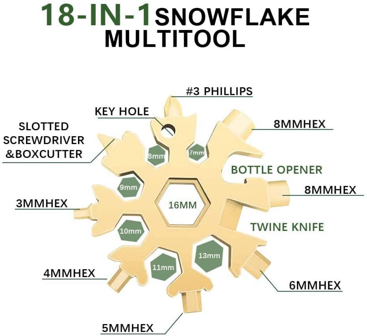 Roostevabast terasest multifunktsionaalne võtmehoidja "Snowflake". (kuldne)