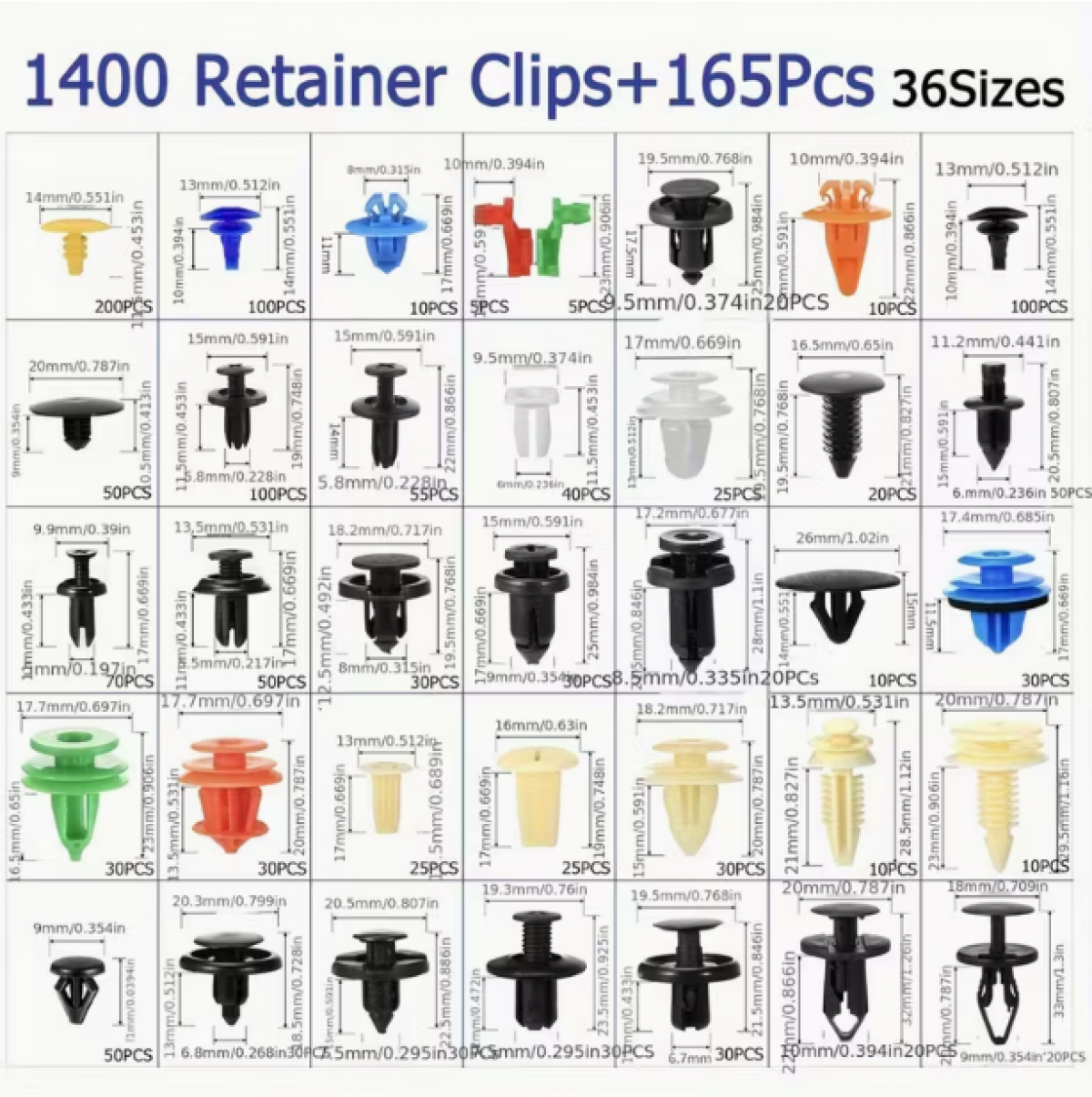 Набор автомобильных фиксаторов 1565 шт. (36 размеров)