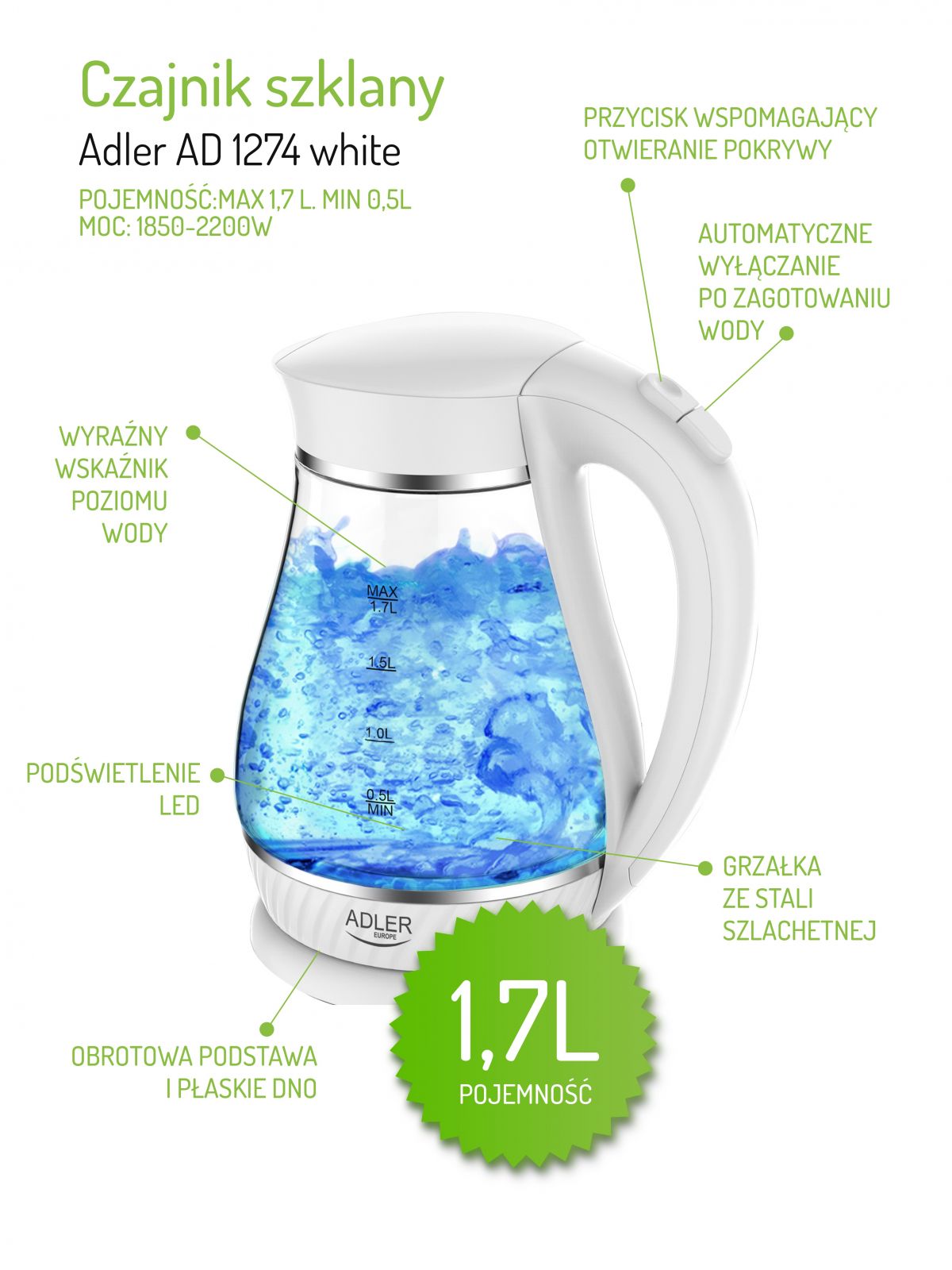 Adler AD 1274 white Kettle glass electric 1,7L