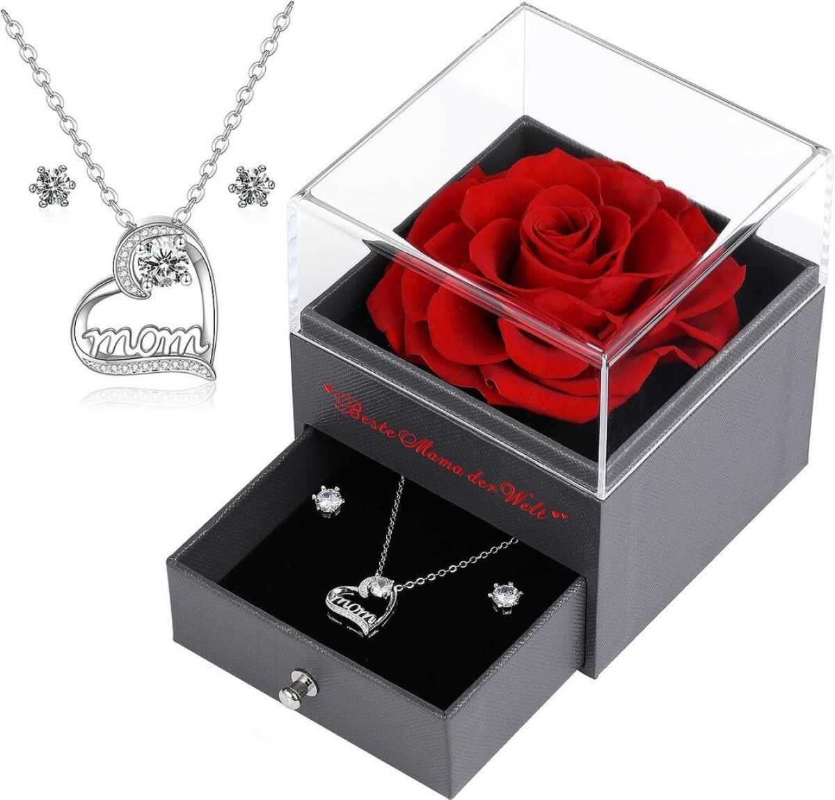 Everlasting Red Rose Flower with Necklace and Earrings Faneeyo