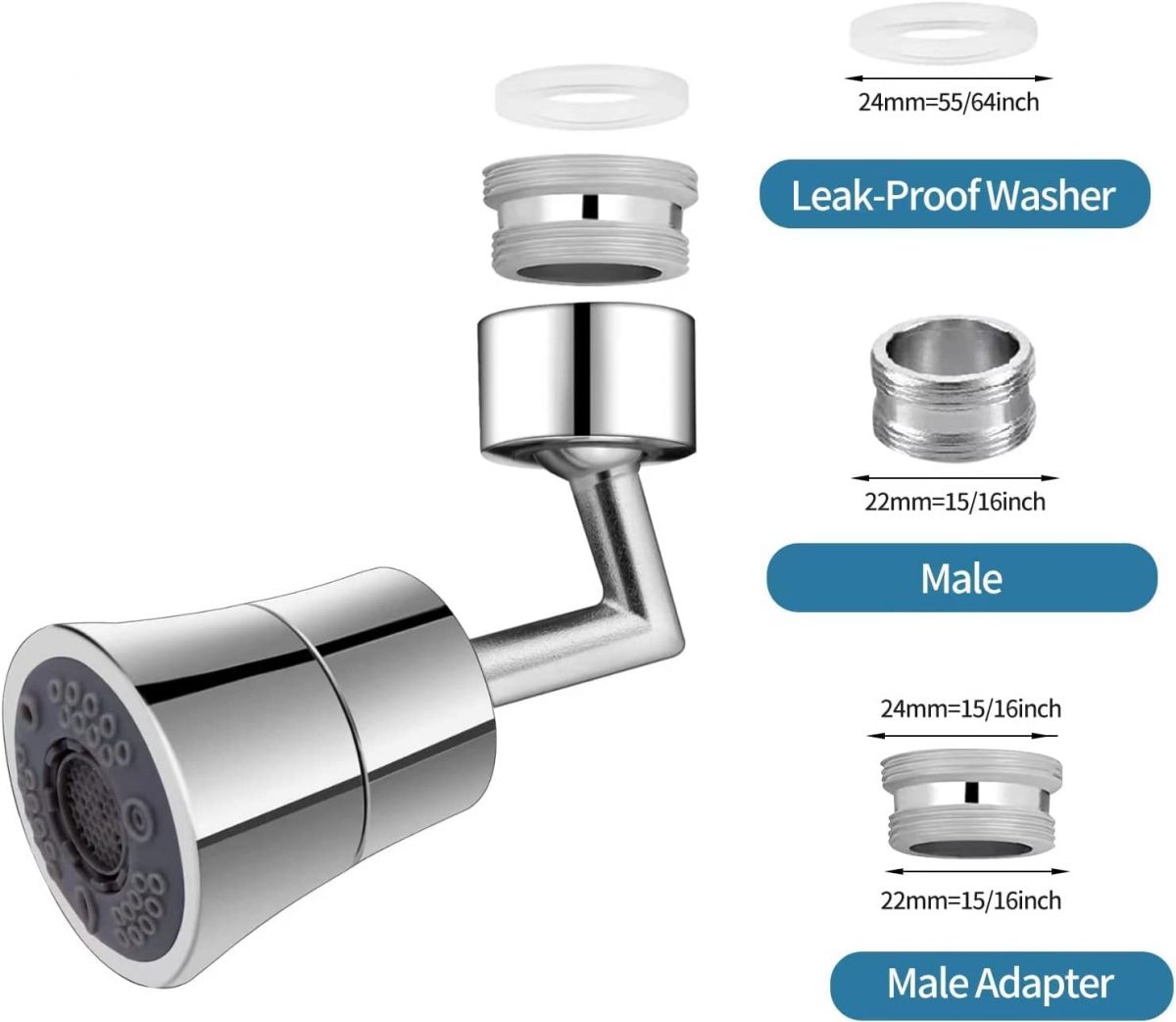 Swivel faucet mount, 720 degrees rotatable.