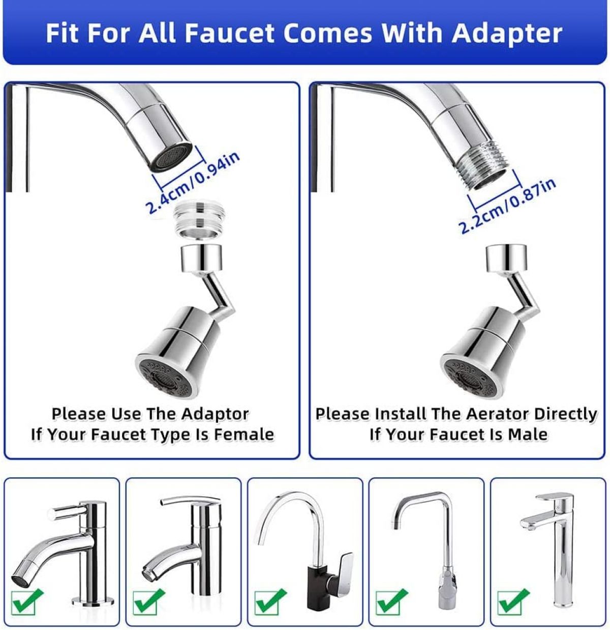 Swivel faucet mount, 720 degrees rotatable.