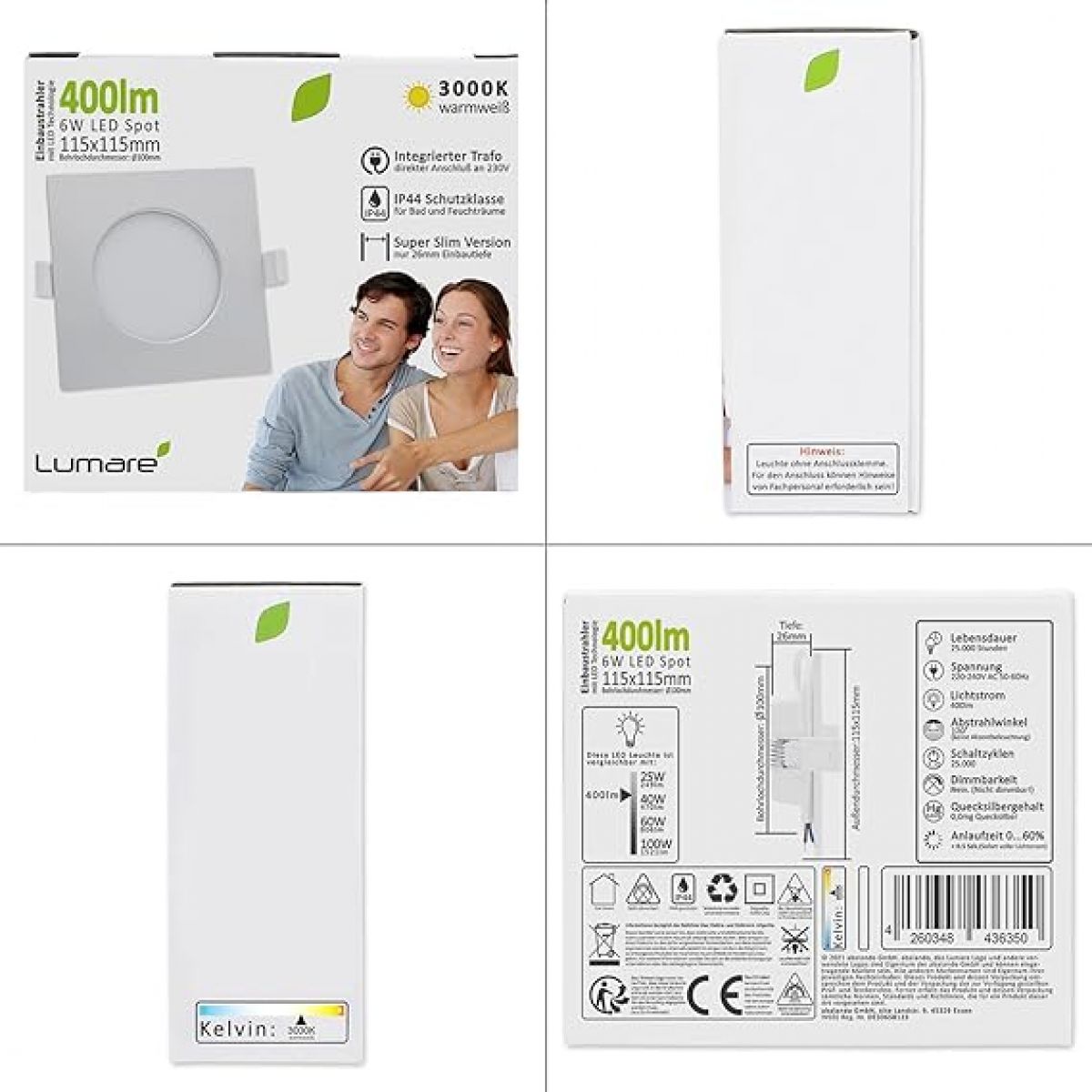 Встраиваемый LED светильник 6шт, 6Вт, IP44, 230V